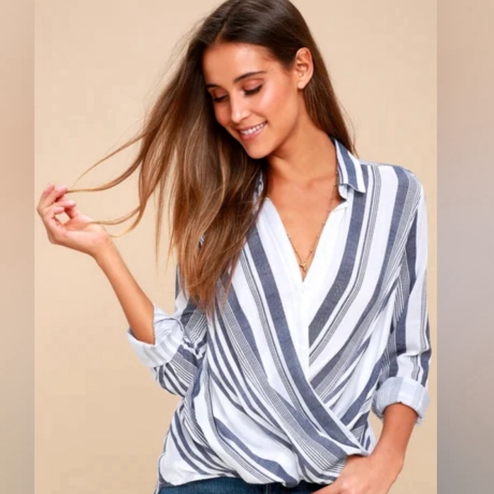 Lulus Sail West Blue and White Striped Surplice Blouse, NWT size S
